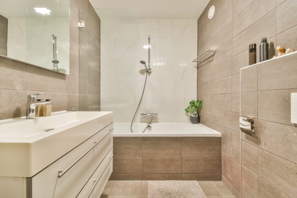 Luxury interior design of a bathroom with marble walls